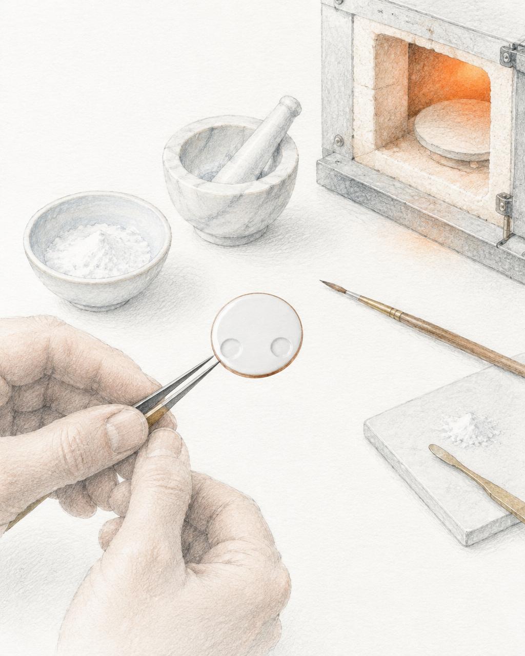 Crayon fin et aquarelle d’une scène d’atelier imaginée : cadran émaillé blanc, brucelles, poudre d’émail et four