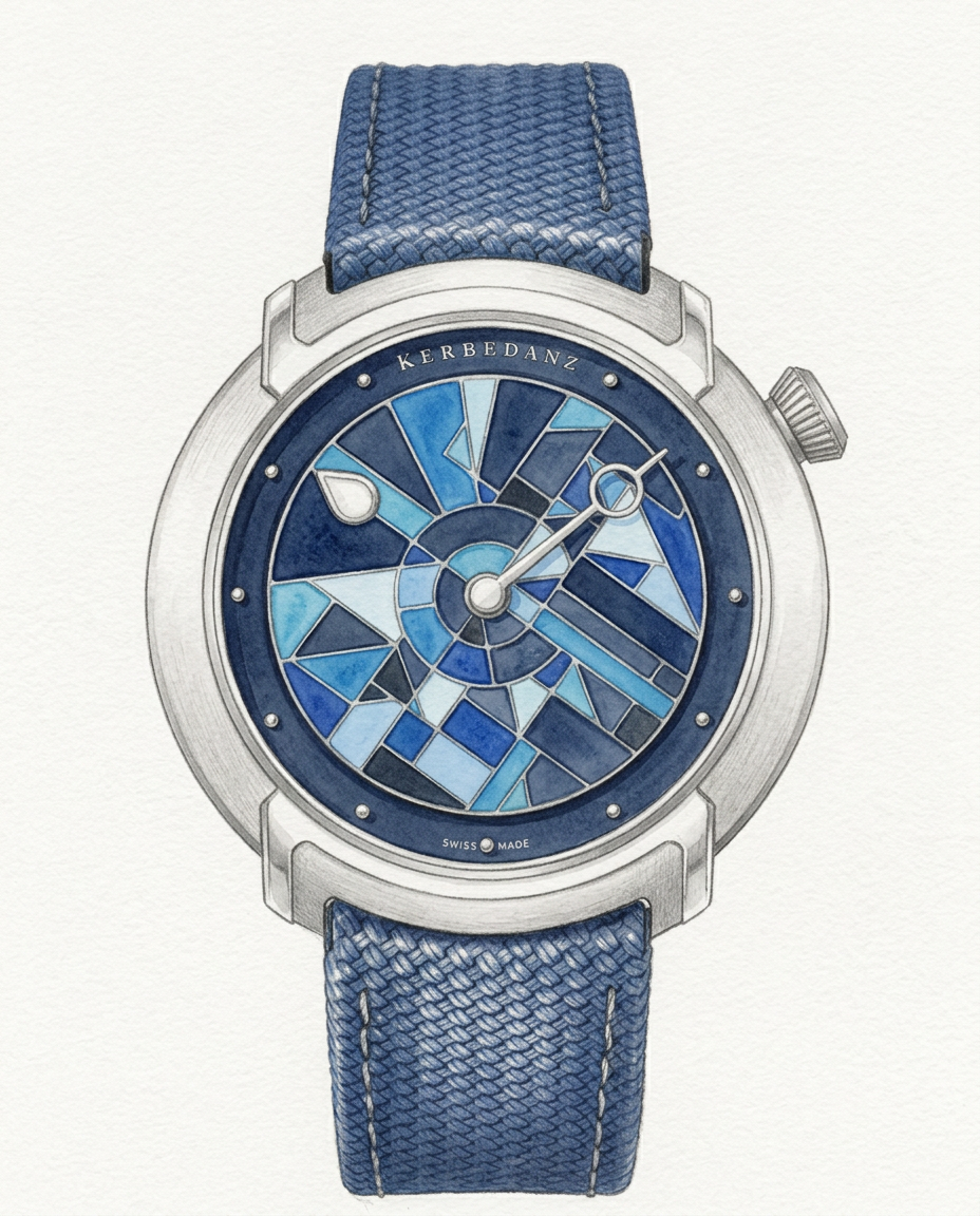 Crayon fin et aquarelle de la montre Kerbedanz 65’27″ Tree of Life, boîtier titane, cadran géométrique bleu et bracelet bleu tissé, d’après les photographies officielles